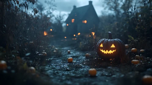 Moody depth-of-field scene with glowing jack-o'-lantern path illumination