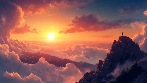 Solitary dreamer crowned by blazing cloud-kissed sunrise.