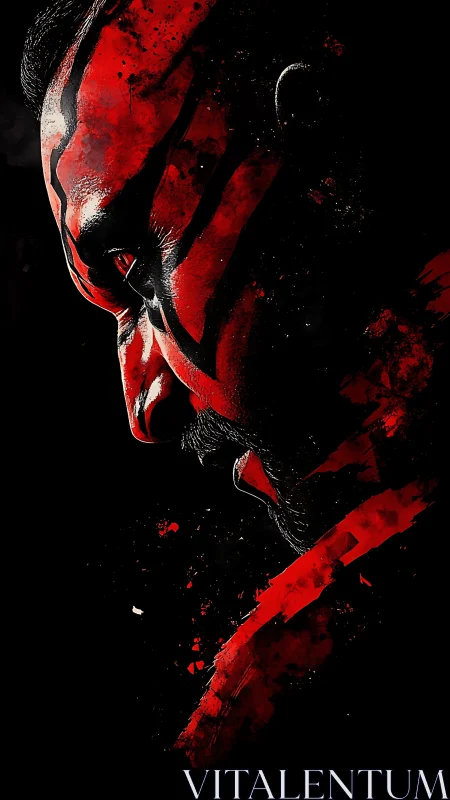 Red and black painted male profile in stark darkness.