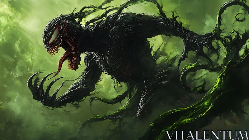 Ravenous symbiotic titan roaring through toxic emerald fog.