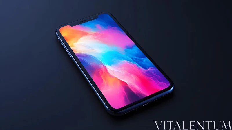 Modern smartphone with vibrant abstract display on dark background.