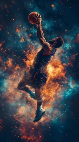 Cosmic basketball dunk frozen in explosive nebula glow.