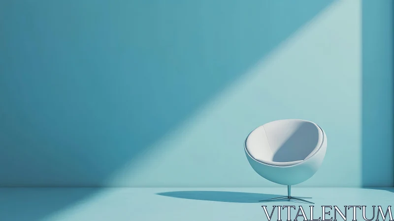 Minimalist white pod chair in cyan room with hard daylight