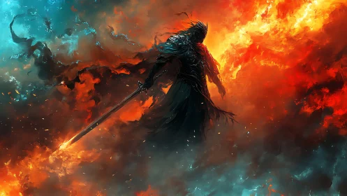 Sword-wielding shadow warrior strides through raging elemental fire.