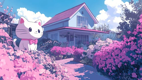 Whimsical giant cat statue in pastel suburban flower garden.