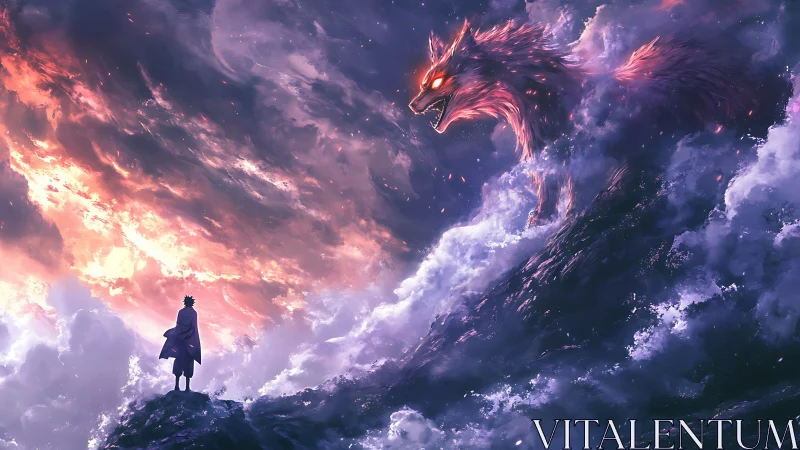 Lone dreamer meets blazing sky spirit above storm clouds.