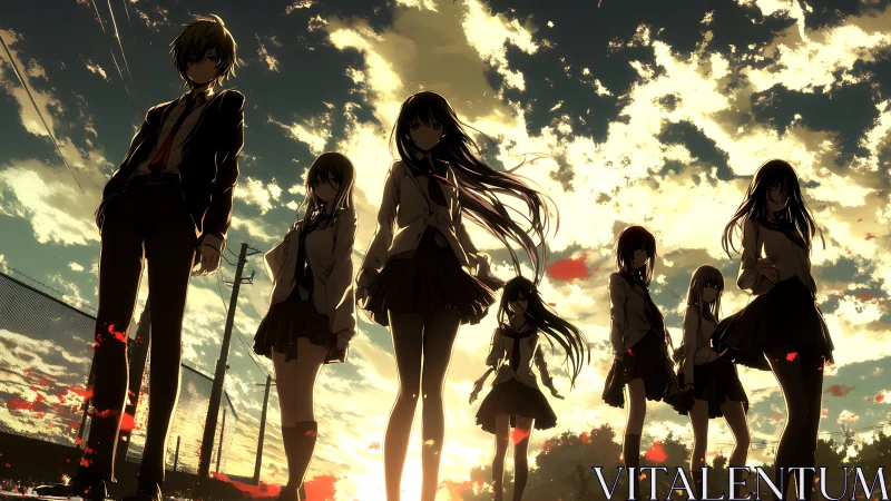 Silhouetted students stand against a backlit evening sky