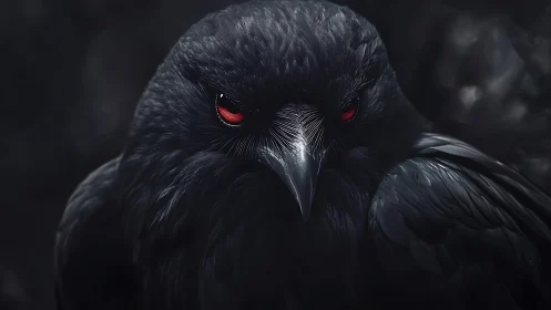 Close-up digital rendering of dark corvid with red eyes.