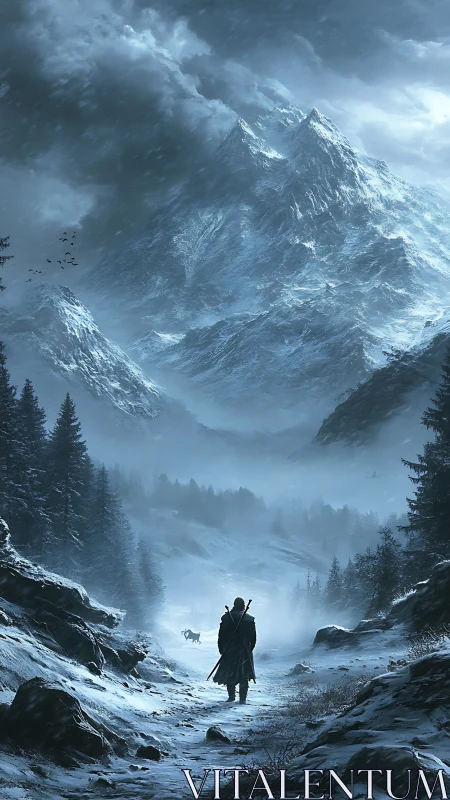 Solitary figure crossing a snow-covered alpine valley path.