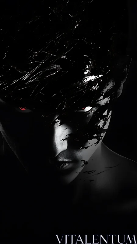 Shadowed cyber visage emerges from fractured darkness.