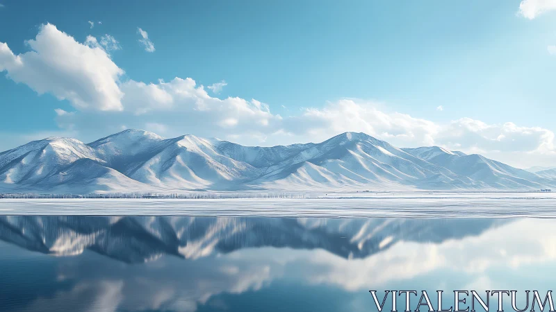 Snowlit mountains rest quietly above a glassy winter lake