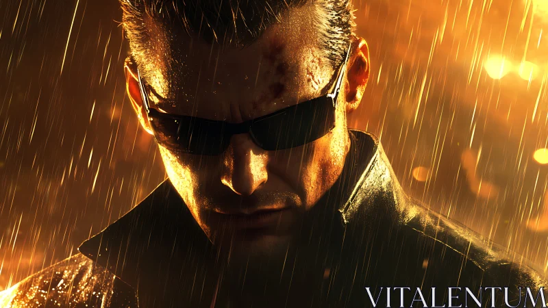 Brooding cyberpunk agent under neon rainstorm glow.