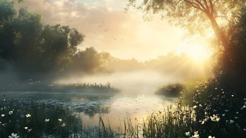 Sunlit mist over tranquil forest pond at dawn.
