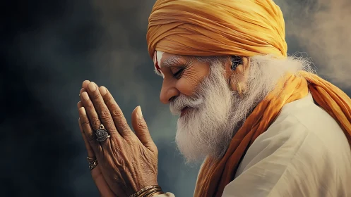 Elderly sage in golden turban bows in peaceful prayer.