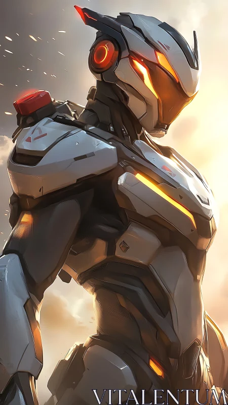 Cinematic exosuit portrait in luminous cybernetic armor design.