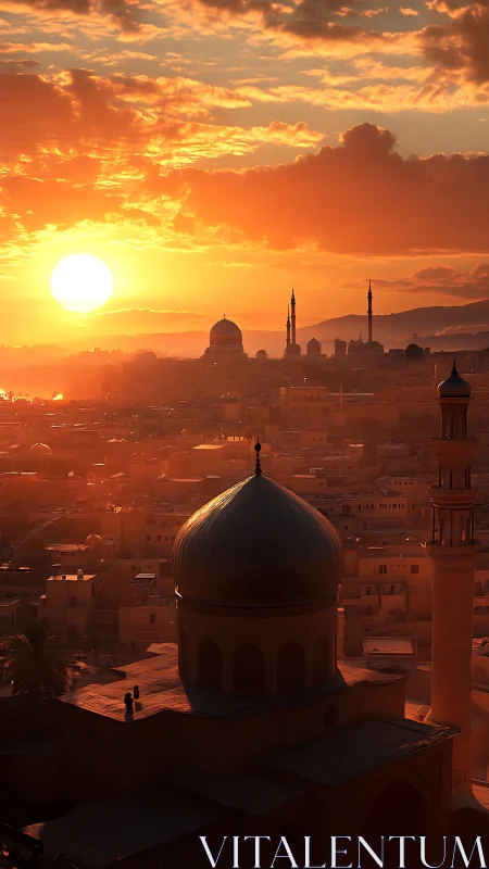Sunlit Islamic domes over dense desert city at golden hour