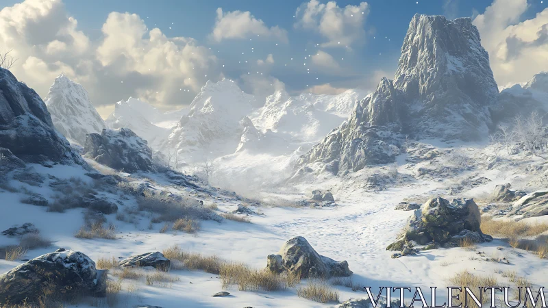 Snowy mountain valley under bright winter sky panorama.