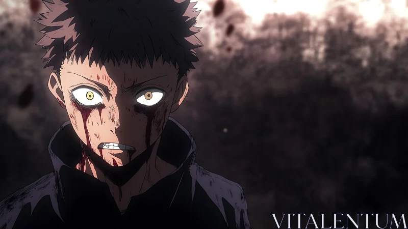 Bloody anime fighter glares through smoky battlefield shadows.