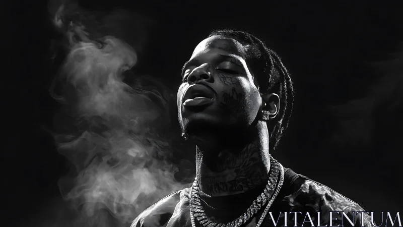 Tattooed man exhales smoke in dramatic low key lighting