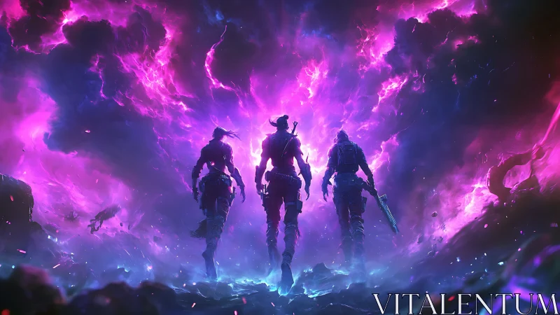 Bold trio stepping into a glowing cosmic storm together.