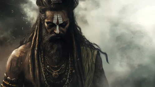 Bearded ascetic with dreadlocks stands before swirling smoke