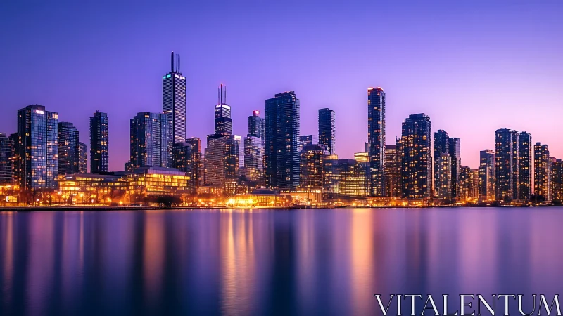 Urban waterfront skyline stands against gradient dusk sky