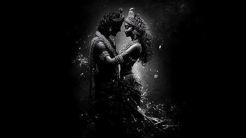 Two Ornate Figures in Romantic Embrace Against Dark Background.