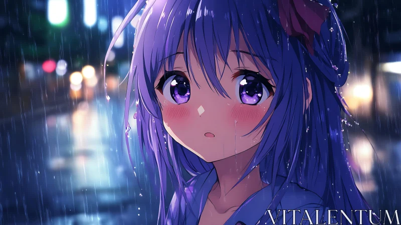 Starlit raindrops linger on a violet gaze in neon dusk