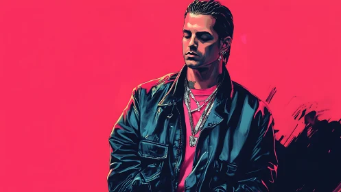Solitary man in leather jacket stands against neon pink field