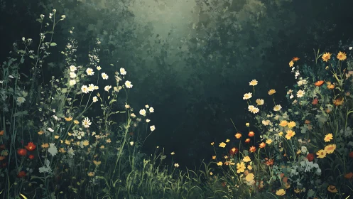 Layered botanical composition featuring wildflowers with chromatic depth rendering