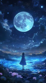 Moonlit girl gazes over glowing lake and distant city