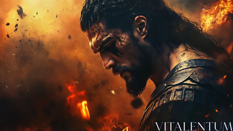 Armored warrior profile is shown amid dense fire debris