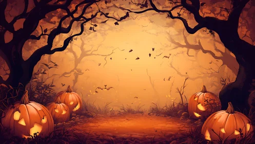 Halloween pumpkin path under twisted forest canopy at dusk