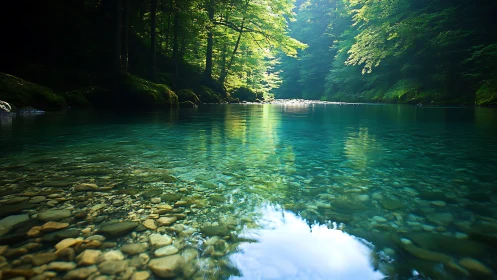 Sunlit forest river pool with crystal clear turquoise water.