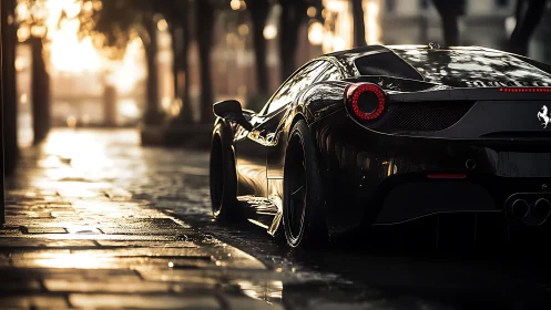 Sleek black supercar glows against a rain-soaked city sunset