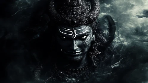 Monochrome horned deity portrait emphasizes high-contrast chiaroscuro lighting