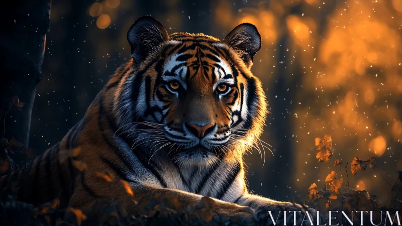 Ember-eyed forest tiger resting beneath falling sparks.