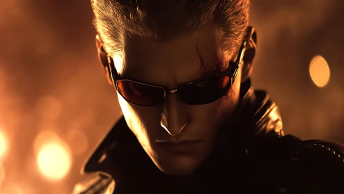 Brooding antihero in flameslit close-up, scarred and defiant.