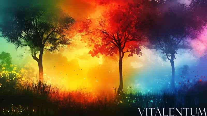 Radiant color-drenched forest glows in a dreamy twilight haze