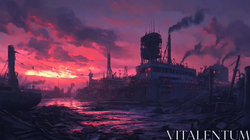 Postindustrial harbor refinery under magenta storm gradient.