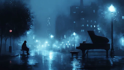 Solitary figure watching piano in foggy blue night rain