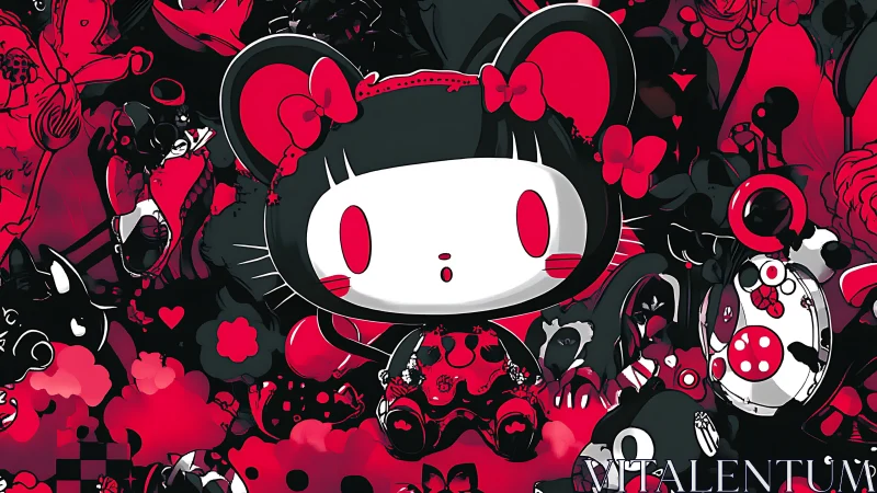 Central stylized character is surrounded by dense red forms