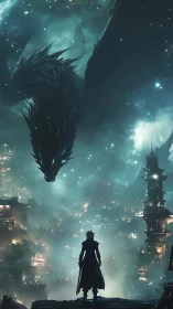 Starlit dragon descends on neon spires and lone warrior.