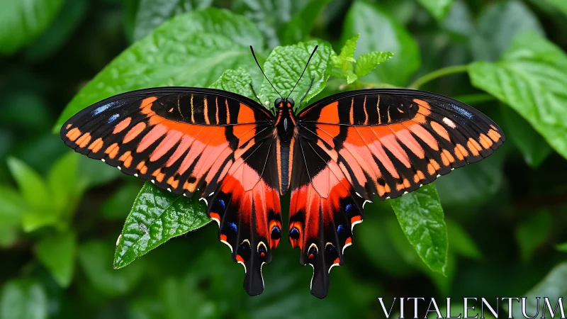 Red-black swallowtail butterfly on glossy green foliage.