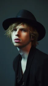 Soft-lit wanderer in a wide-brim hat and midnight jacket.