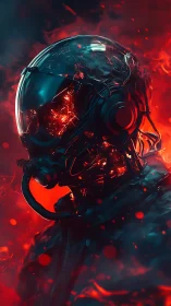 Cybernetic pilot ignites within molten red embers of space.