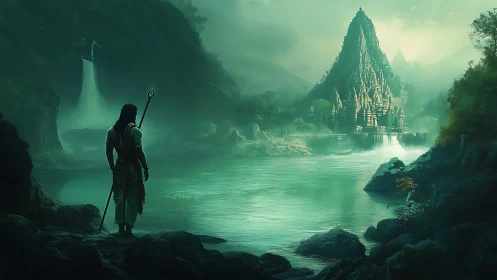 Lone river guardian studies the mist-wrapped jungle temple