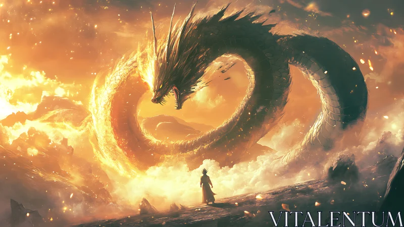 Volumetric sunlit wyrm circling lone figure on igneous ridge.