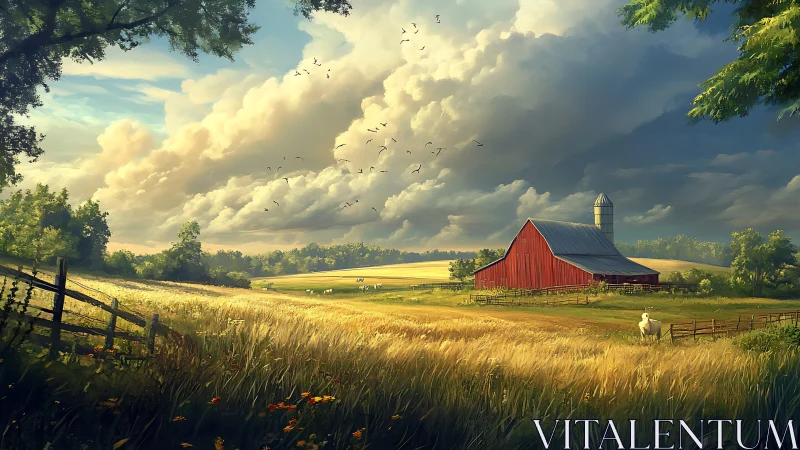 Sunlit red barn resting beneath sweeping summer clouds.