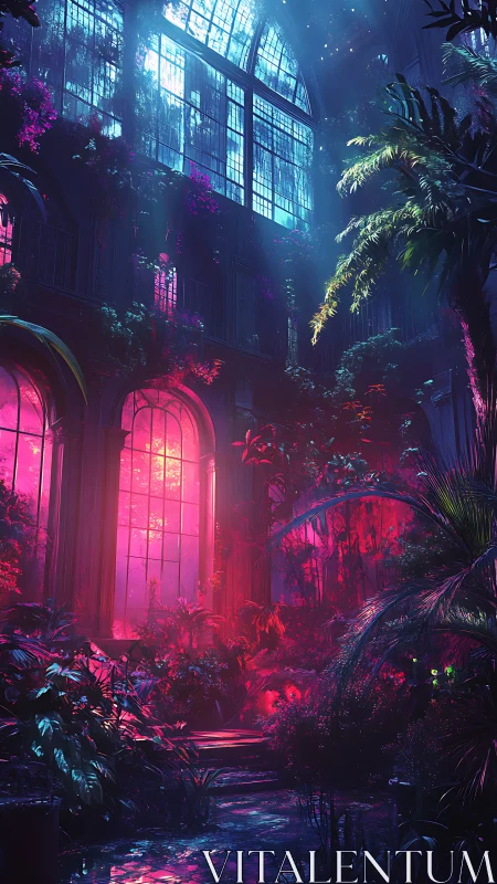 Lush indoor garden glowing with neon pink and blue light.